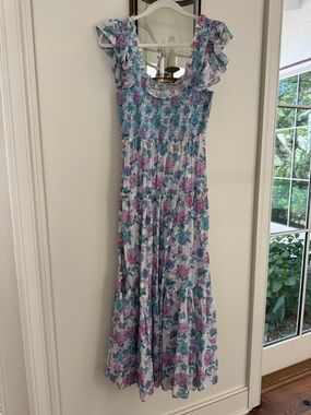 LoveShackFancy Chessie Midi Dress Floral Ruffle Sleeve Smocked in Sea Orchid
